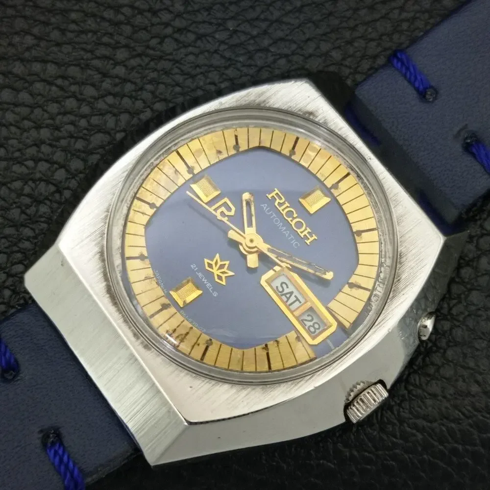 Vintage 1978 Ricoh Automatic Mens Silver Watch W/daydate & Gold accents